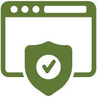 Green icon of a web browser window with a shield and checkmark in front, symbolizing online security or secure browsing.