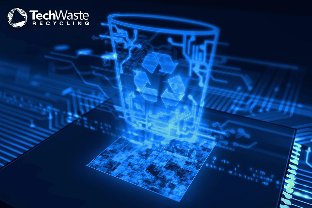 A digital illustration shows a glowing recycling symbol inside a trash bin, projected above a computer chip, with the TechWaste Recycling logo in the corner.