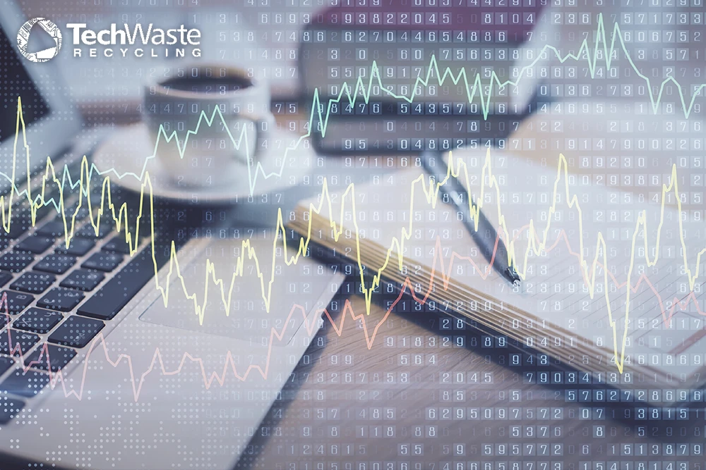 A laptop, notepad, and pen on a desk with overlaid data graphs and binary code, and the TechWaste Recycling logo in the top left corner.