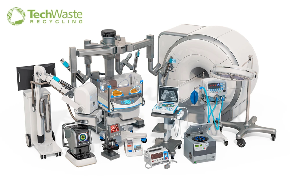Various types of medical equipment and devices, including imaging machines, monitors, and surgical tools, are arranged together. TechWaste Recycling logo appears in the top left corner.