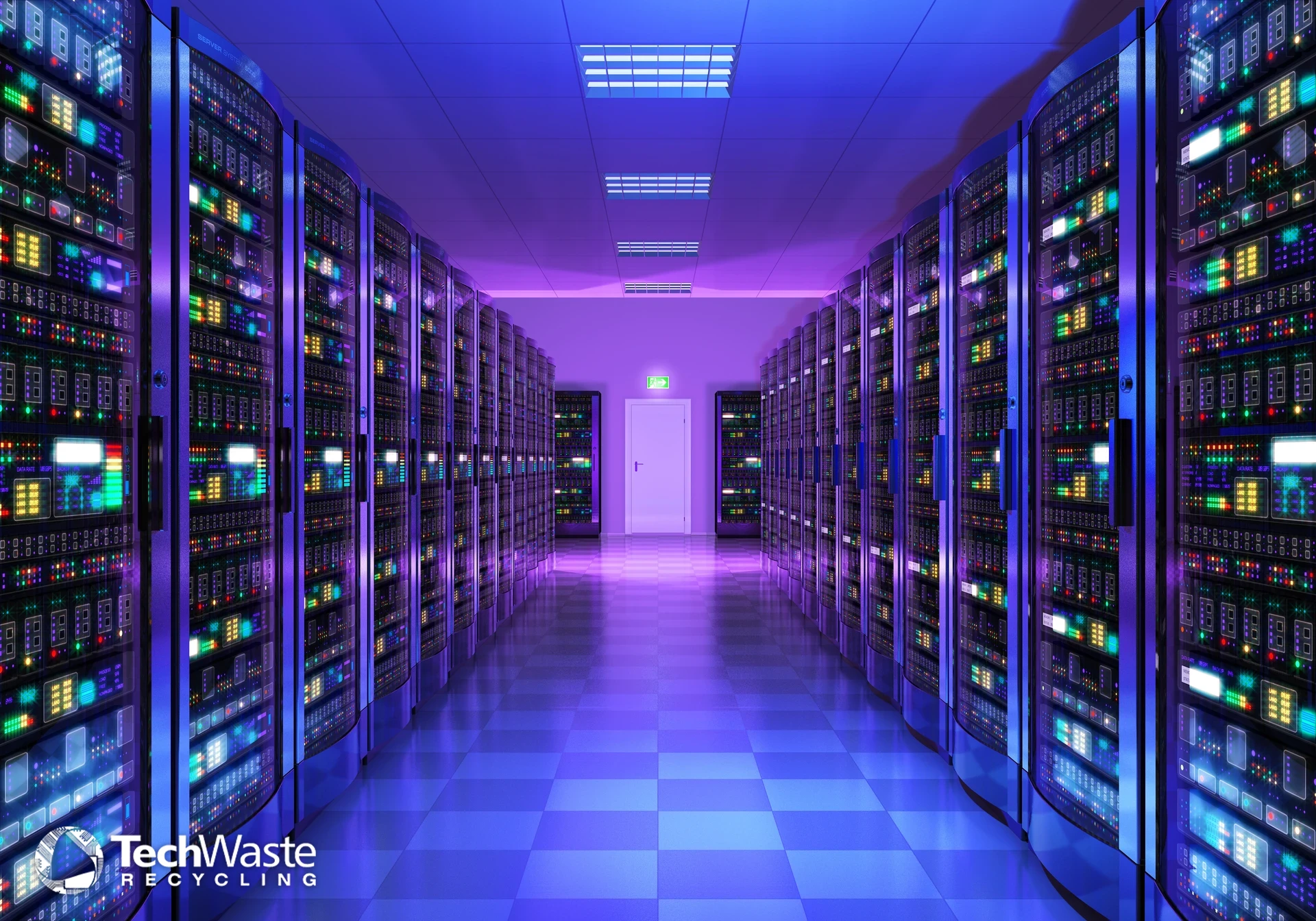 techwaste-blog-nist-sp-800-01 A server room with multiple rows of illuminated server racks under blue and purple lighting; the TechWaste Recycling logo appears in the corner.