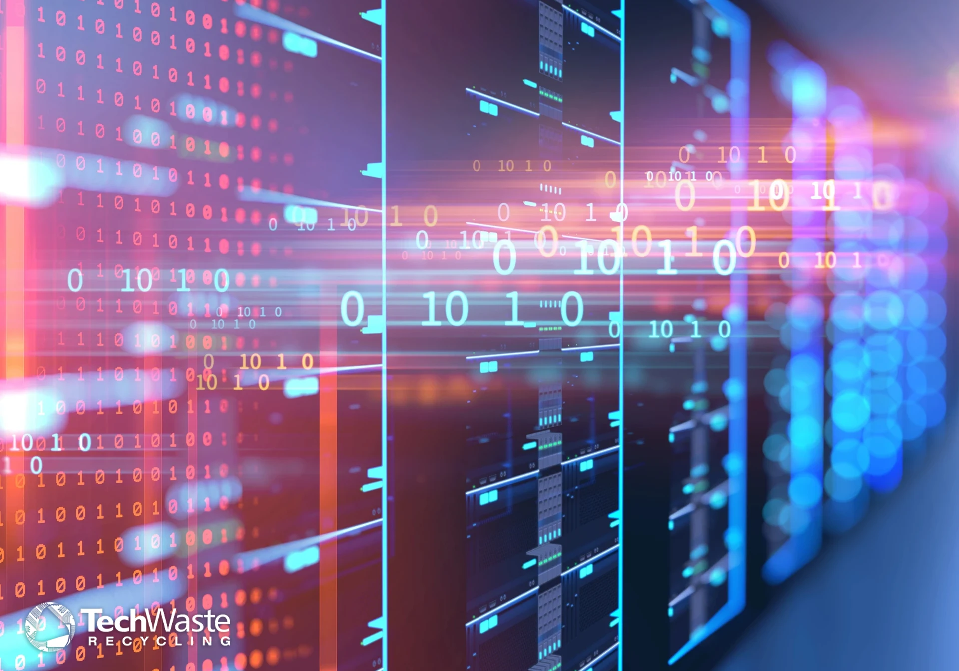 Digital binary code streams across illuminated server racks, representing data flow and technology infrastructure. The TechWaste Recycling logo is visible in the lower left corner.