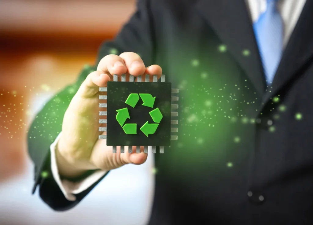 A person in a suit holds a computer chip displaying a green recycling symbol, with digital effects surrounding the chip.
