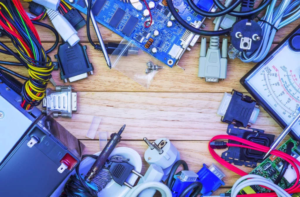 Various electronic components, wires, plugs, circuit boards, and tools arranged around the edges of a wooden surface, with an open space in the center.