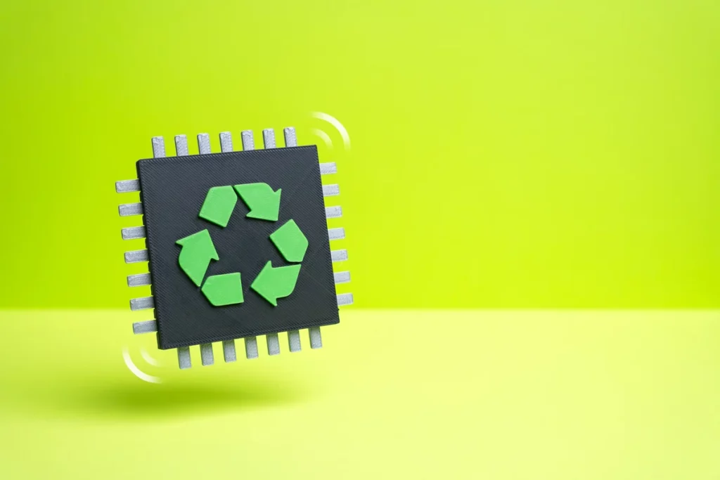A computer chip with a green recycling symbol on it is shown against a yellow-green background.