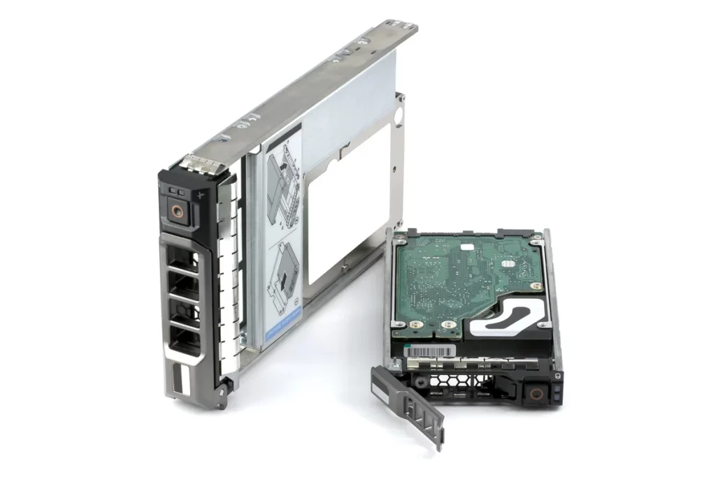 Two hard drives: one enclosed in a metal hot-swap tray, and one bare drive with its connector side visible, both placed on a white background.