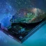 A close-up of an opened hard disk drive with colorful fiber optic lights reflecting off its shiny platter, creating a technological aesthetic.