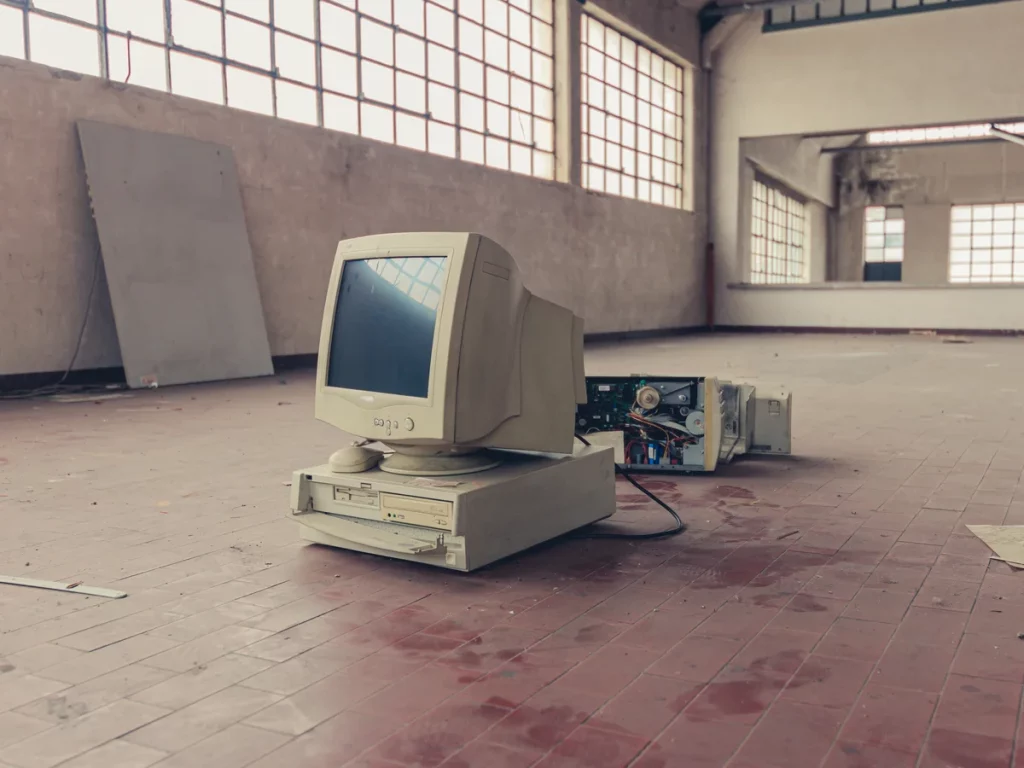 An old desktop computer with its monitor, keyboard, and open CPU case sits on the floor of a large, empty, industrial room with tiled floors and big windows.